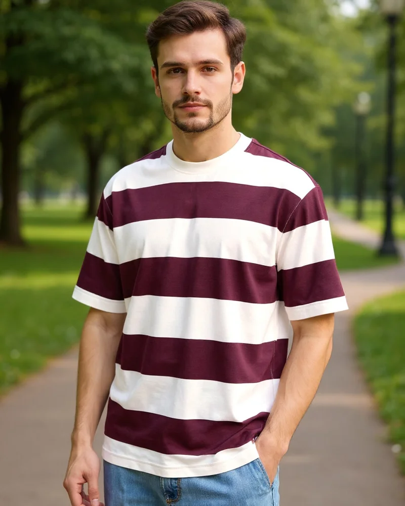 bewakoof Men's Wine Maroon & White Striped Oversized T-shirt